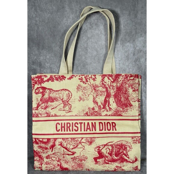 CHRISTIAN DIOR Tote Bag Diorviera Straw Tote Red Beige - Picture 1 of 5